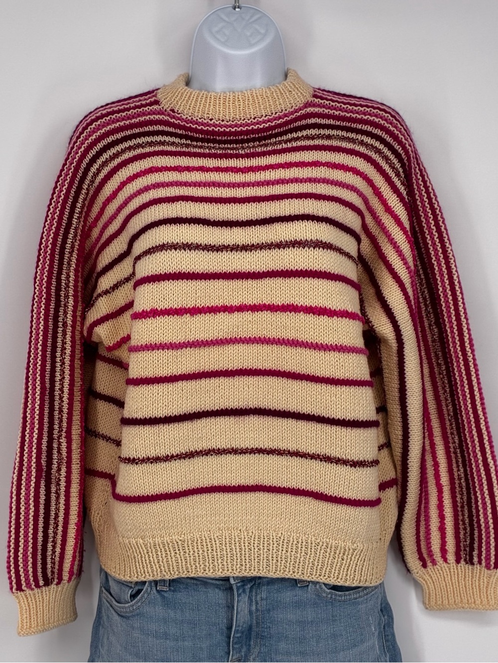 Cream Knit Boxy Crewneck Sweater with Pink & Berry Contrasting Stripes